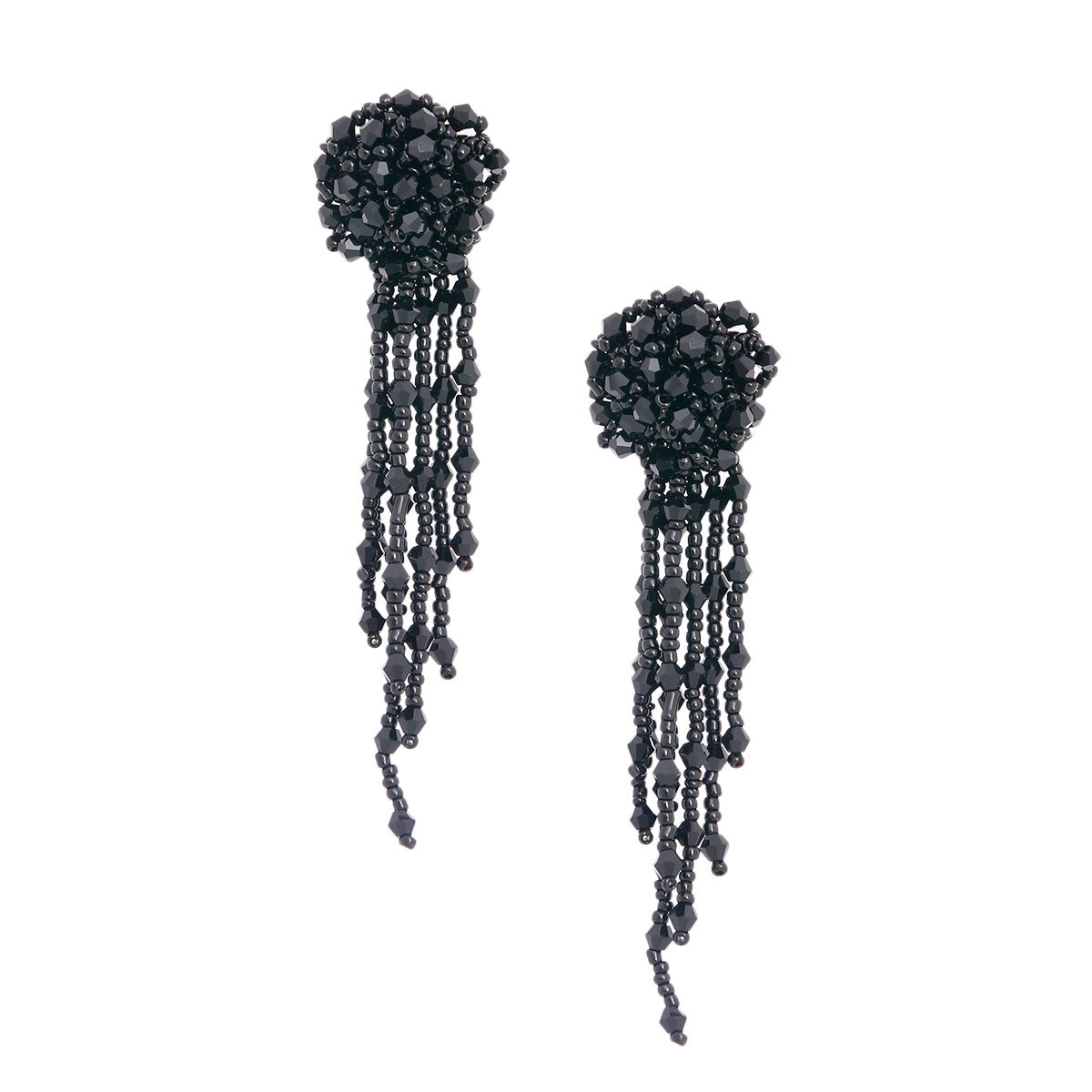 Black Glass Bead Ball Fringe Earrings