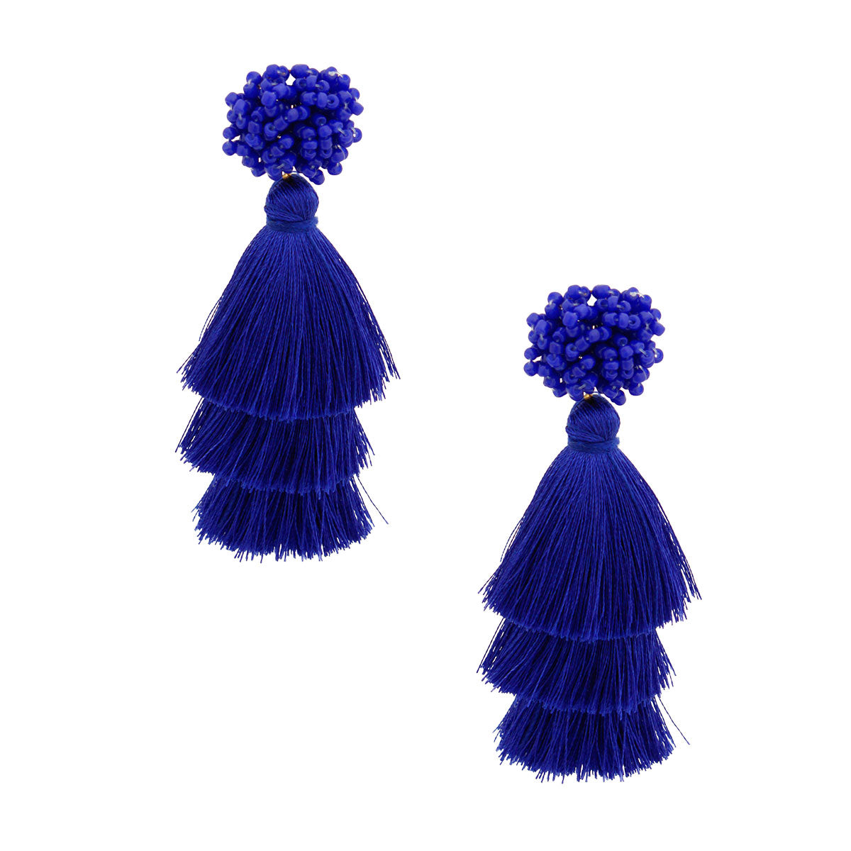 Blue Cluster Bead Triple Tassel Earrings