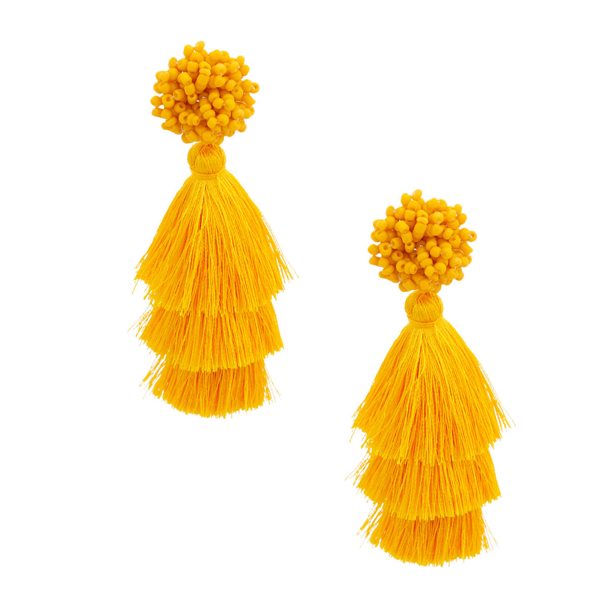 Mustard Cluster Bead Triple Tassel Earrings