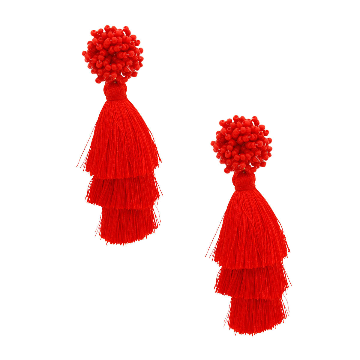 Red Cluster Bead Triple Tassel Earrings