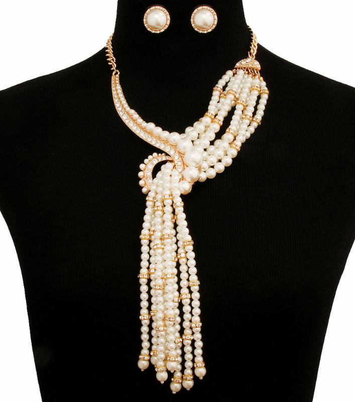 Asymmetric Pearl and Rhinestone Knot Necklace Set