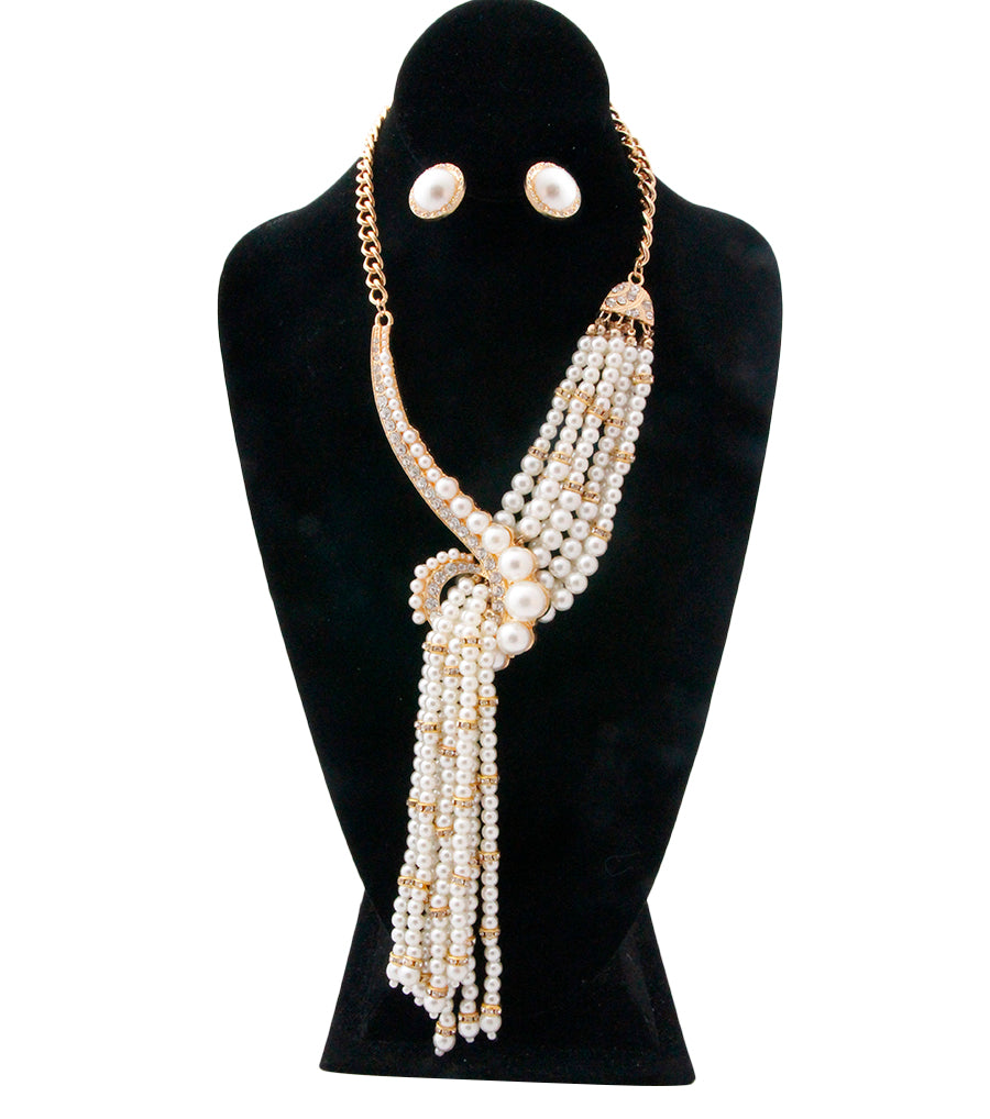 Asymmetric Pearl and Rhinestone Knot Necklace Set