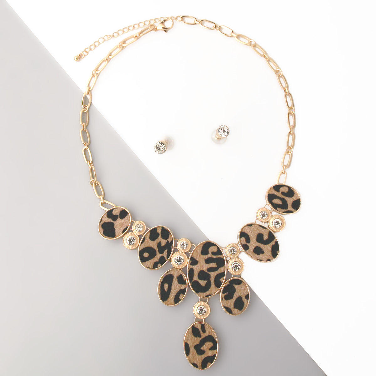 Oval Leopard Fur and Stone Necklace