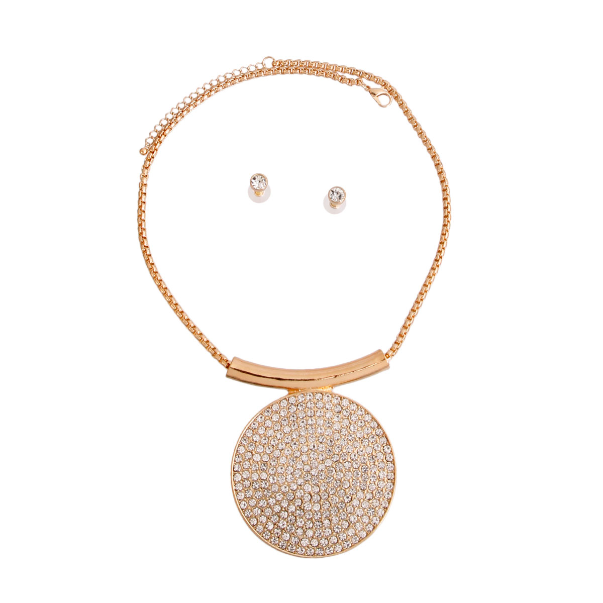 Gold Box Chain Stoned Circle Necklace