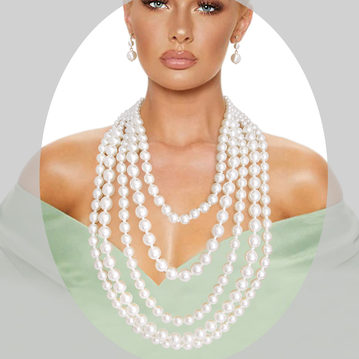 Long Layered 5 Strand Cream Pearl Necklace