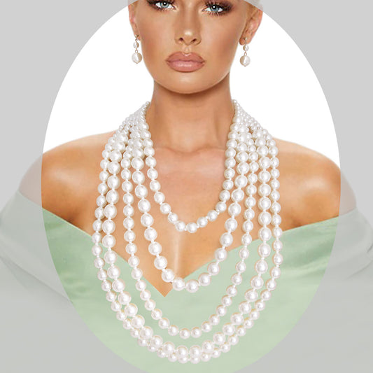 Long Layered 5 Strand Cream Pearl Necklace