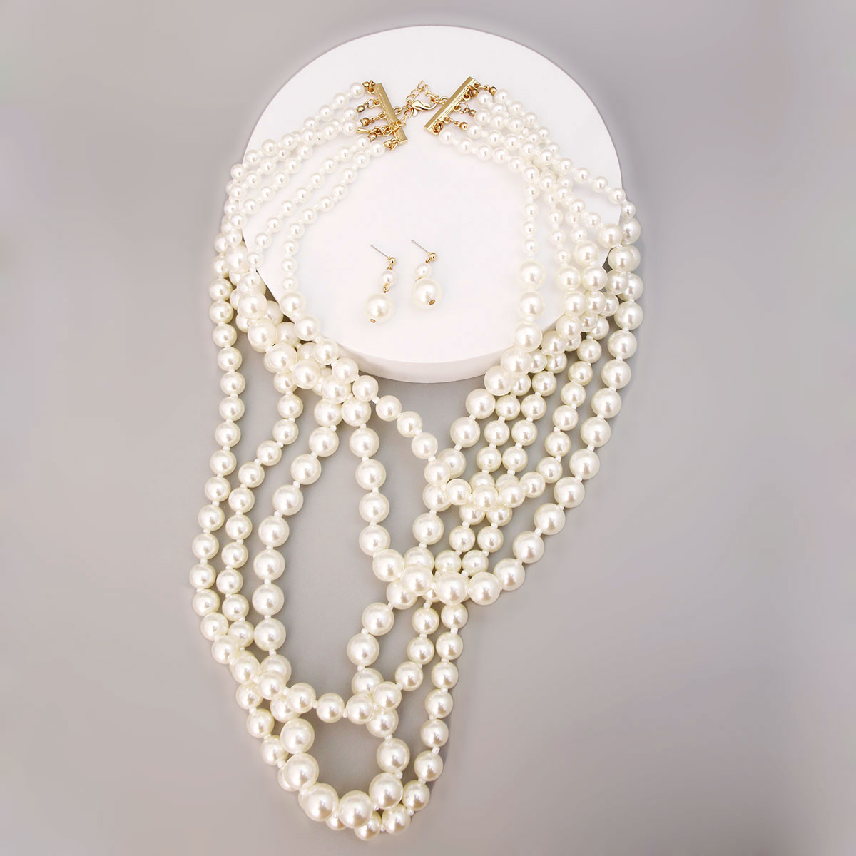 Long Layered 5 Strand Cream Pearl Necklace