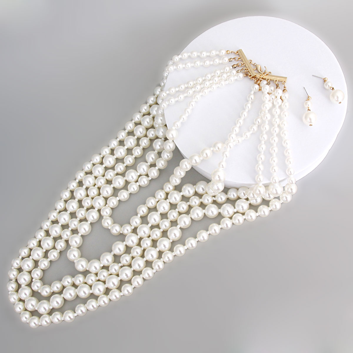 Long Layered 5 Strand Cream Pearl Necklace