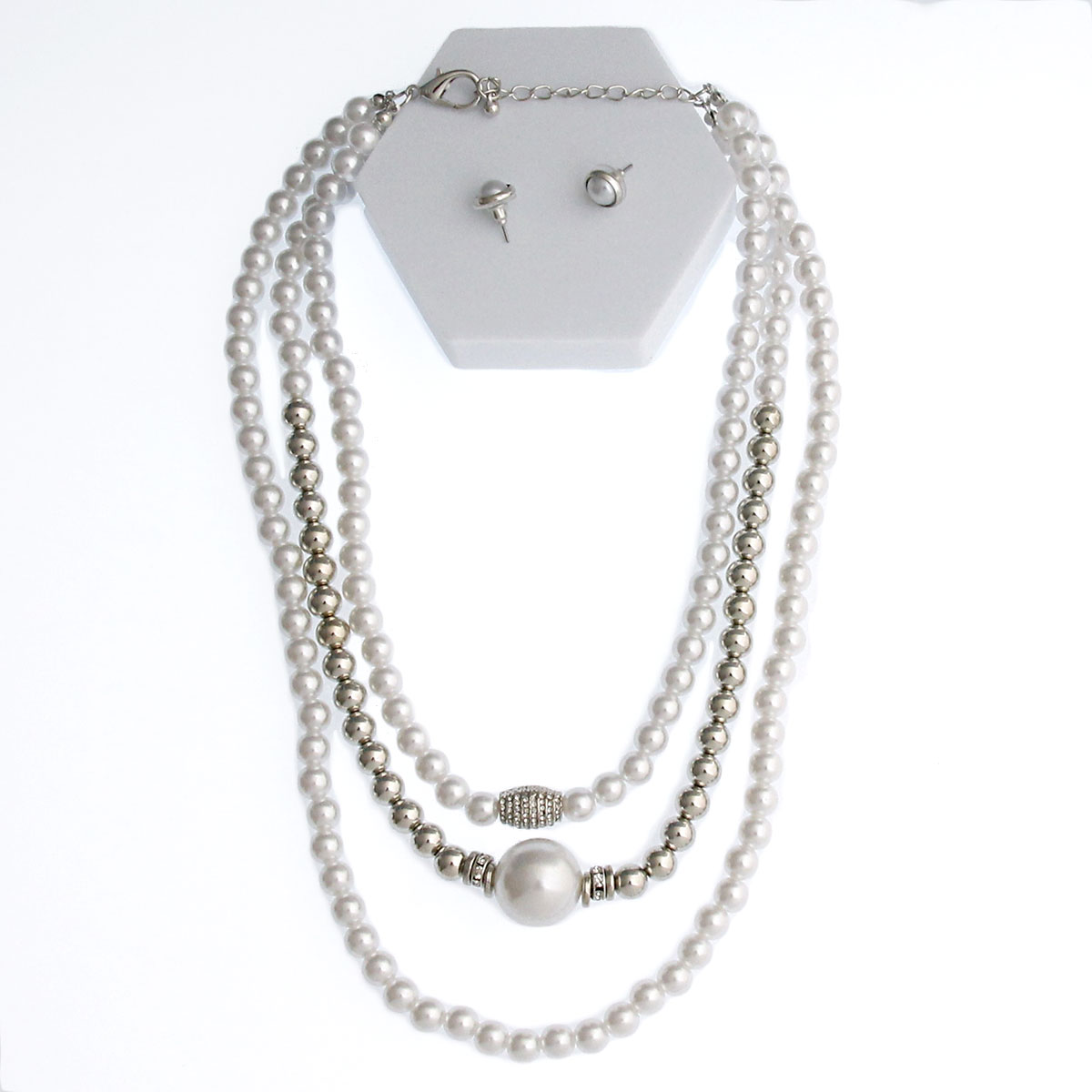 White and Silver Pearl 3 Strand Necklace