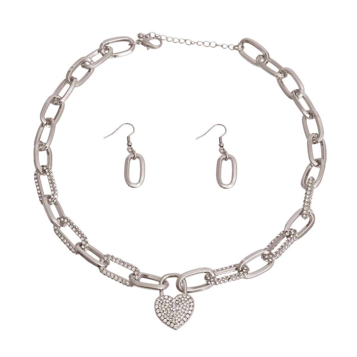 Silver Iced Oval Link Heart Necklace