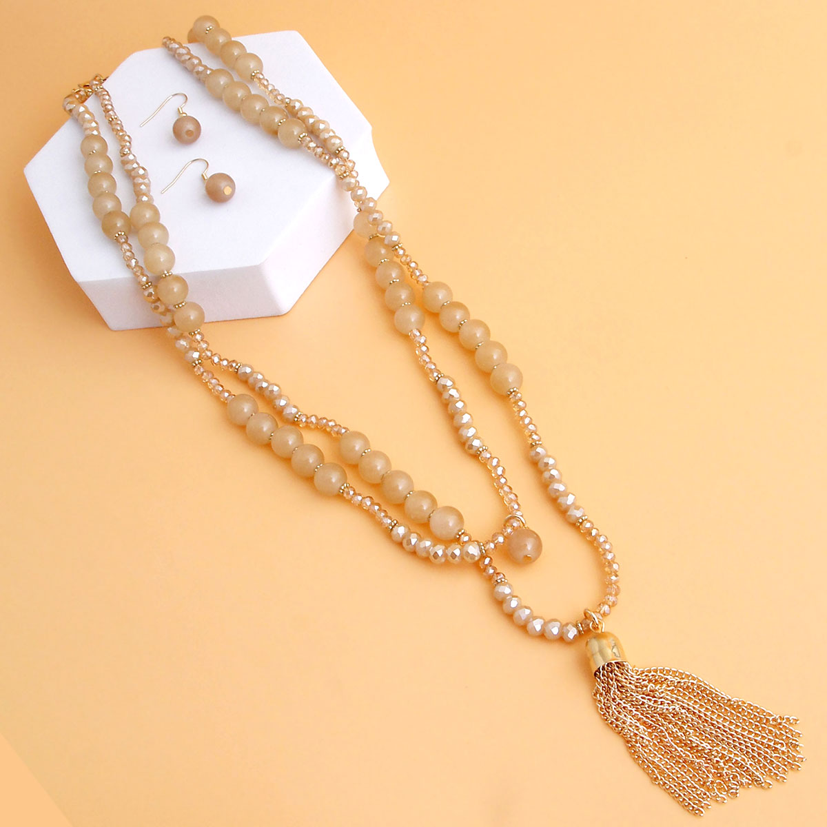 Light Brown Glass Bead Tassel Necklace