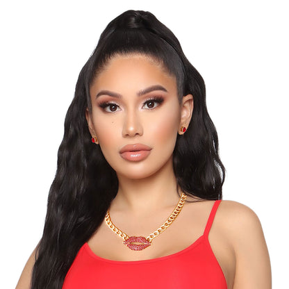 Red Rhinestone Lips Gold Chain Set