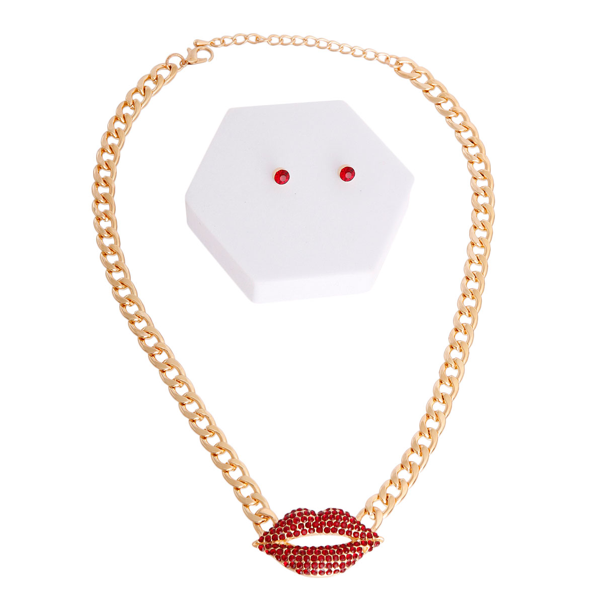 Red Rhinestone Lips Gold Chain Set