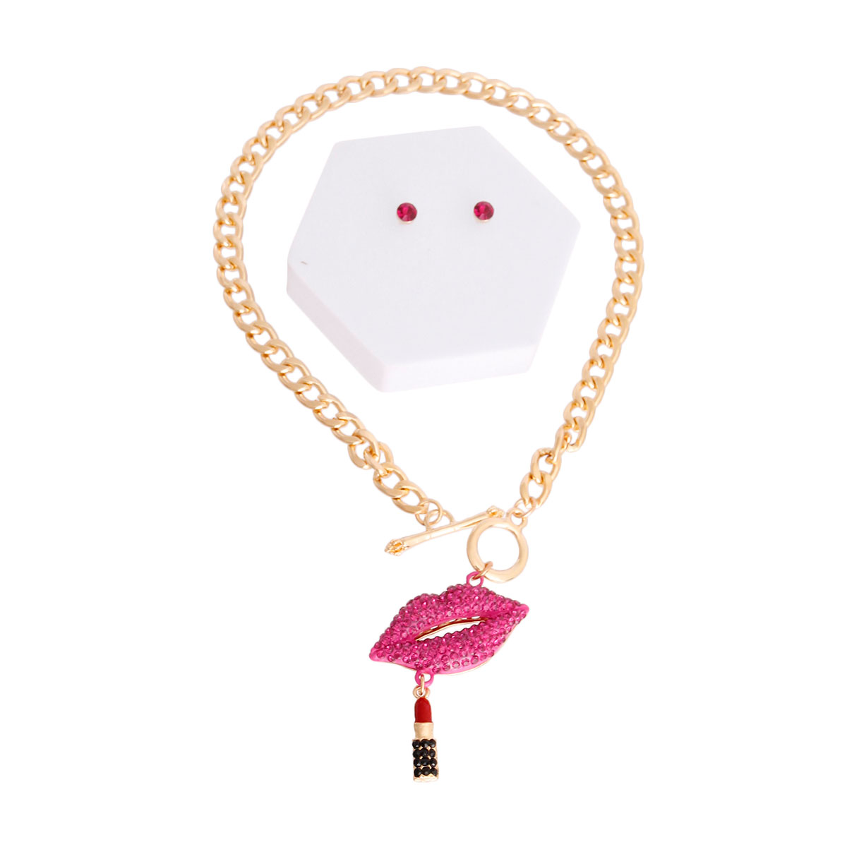 Pink Rhinestone Lips Toggle Chain Set