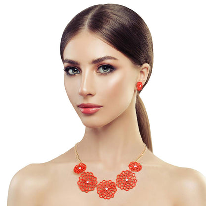 Red Matte Metal Cut Out Flower Necklace