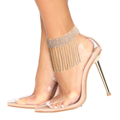 Gold Rhinestone 10 Line Fringe Anklet