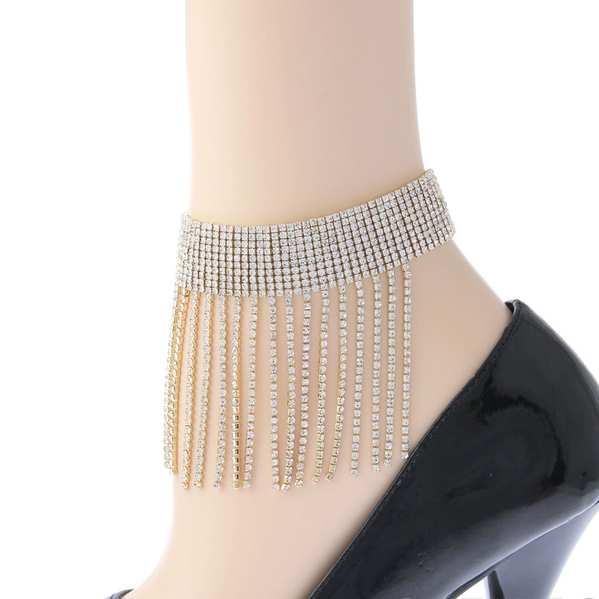 Gold Rhinestone 10 Line Fringe Anklet