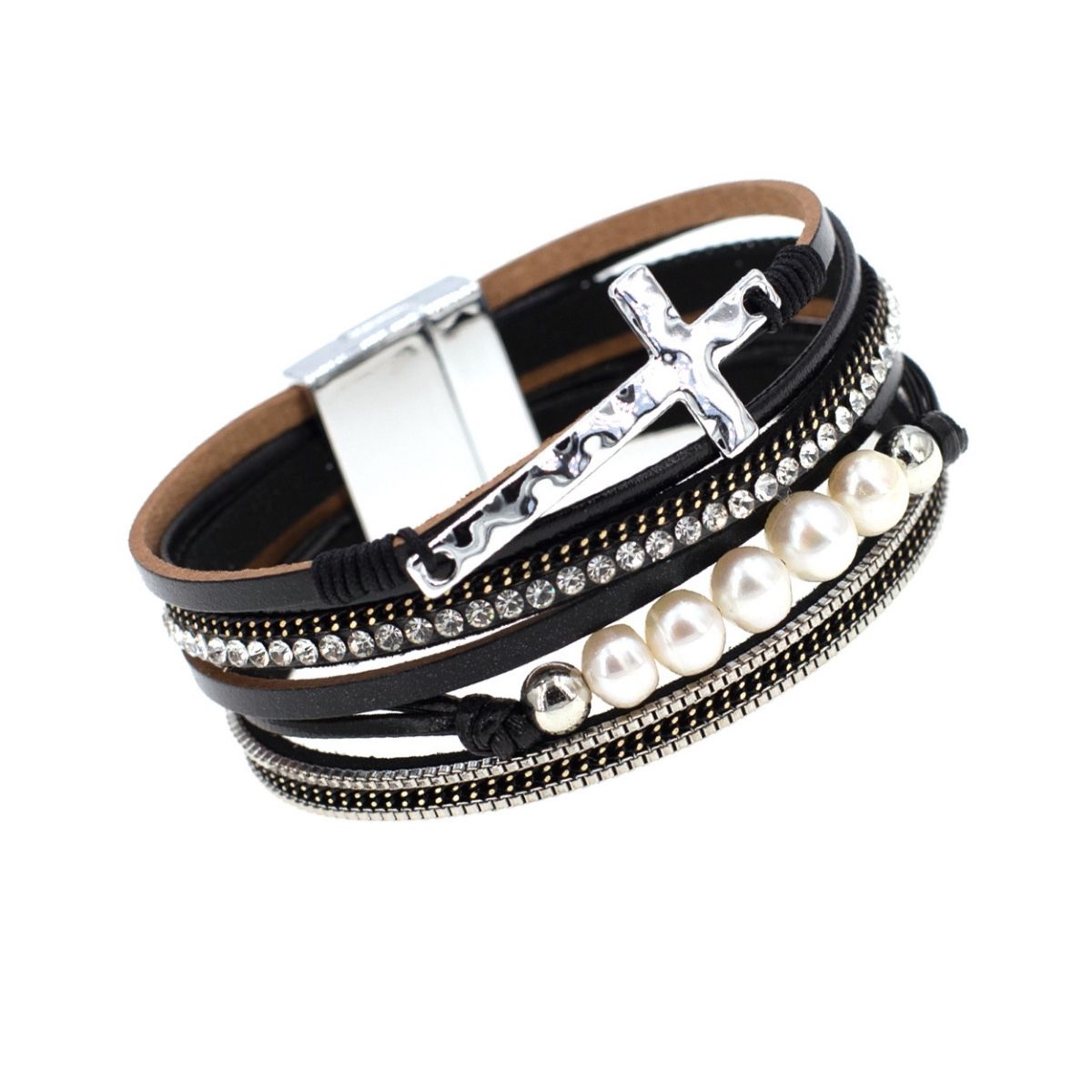 Black Freshwater Pearl Cross Bracelet