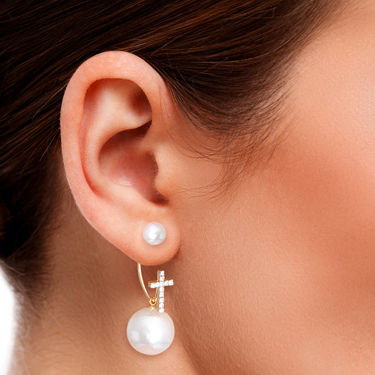 Gold Pearl Hook Cross Back Earrings