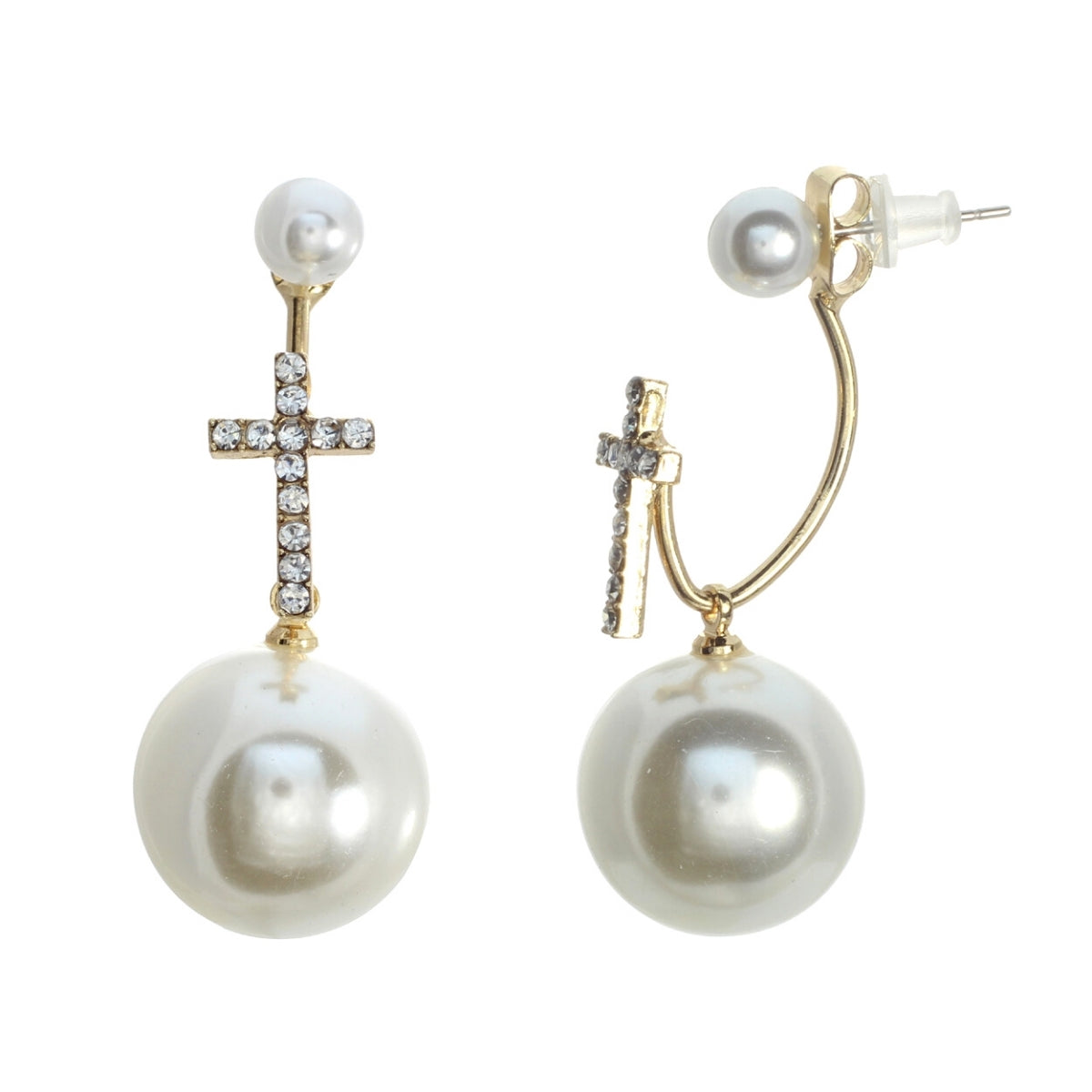 Gold Pearl Hook Cross Back Earrings