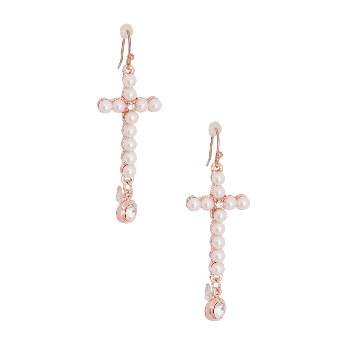 Rose Gold Pearl Cross Drop Earrings