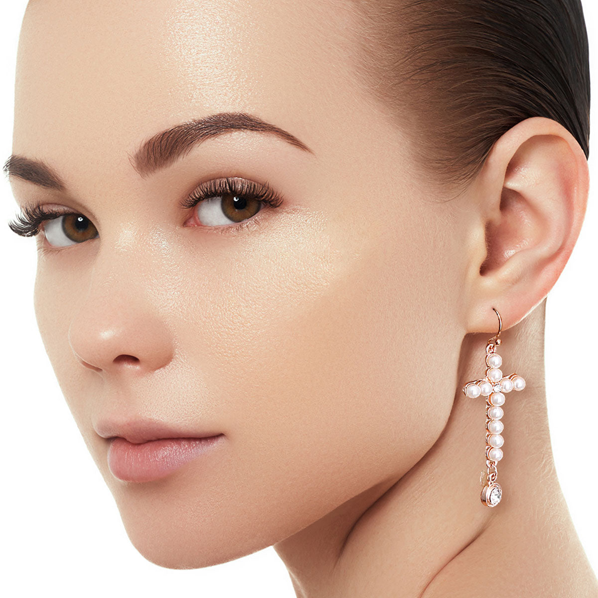 Rose Gold Pearl Cross Drop Earrings