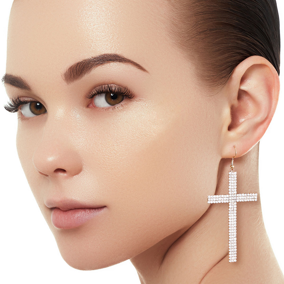 Gold Pave Cross Fish Hook Earrings