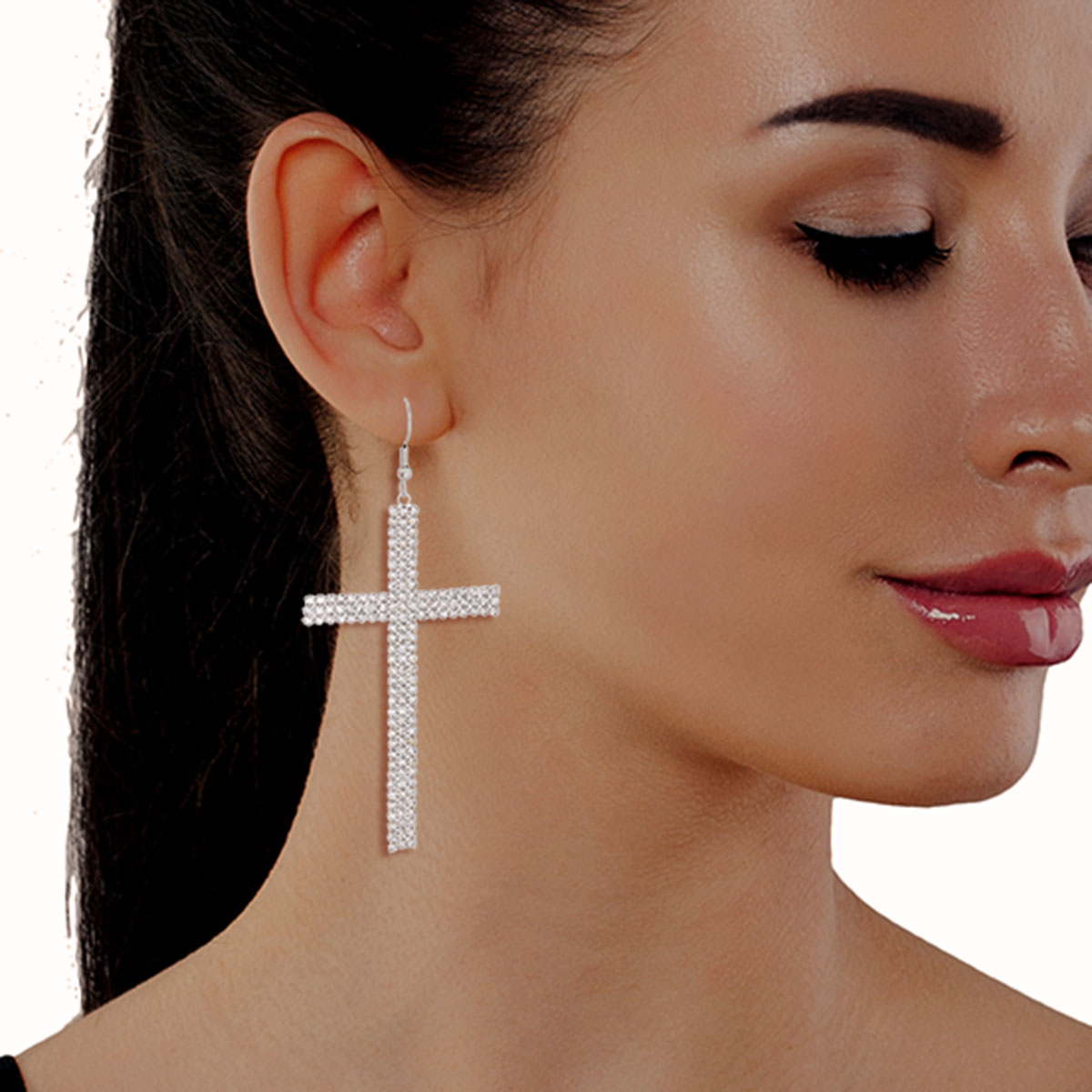 Silver Fish Hook Cross Earrings