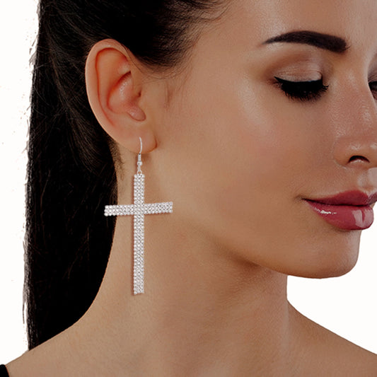 Silver Fish Hook Cross Earrings