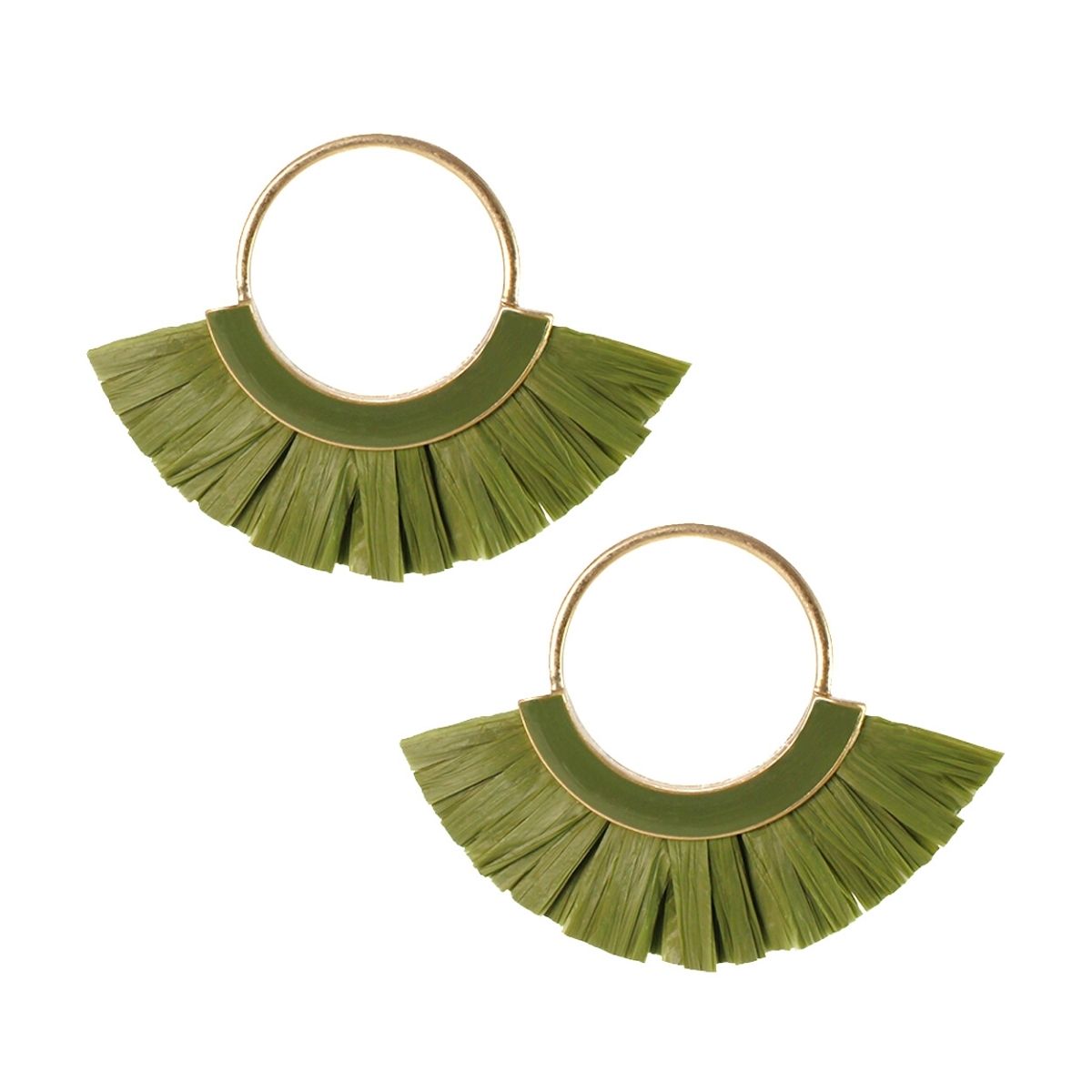 Green Raffia Fan Tassel Circle Earrings