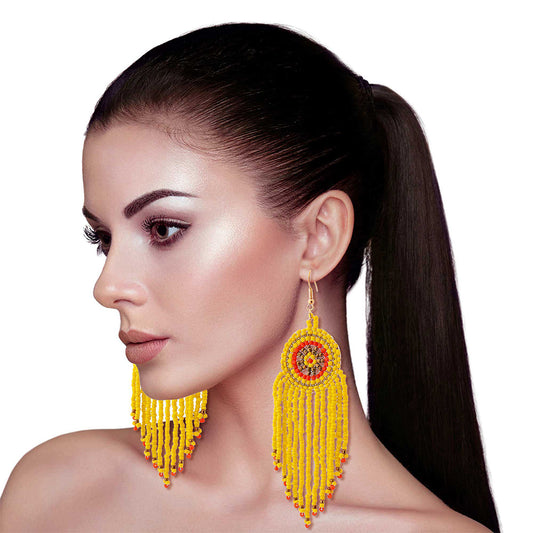 Yellow Seed Bead Fringe Round Earrings