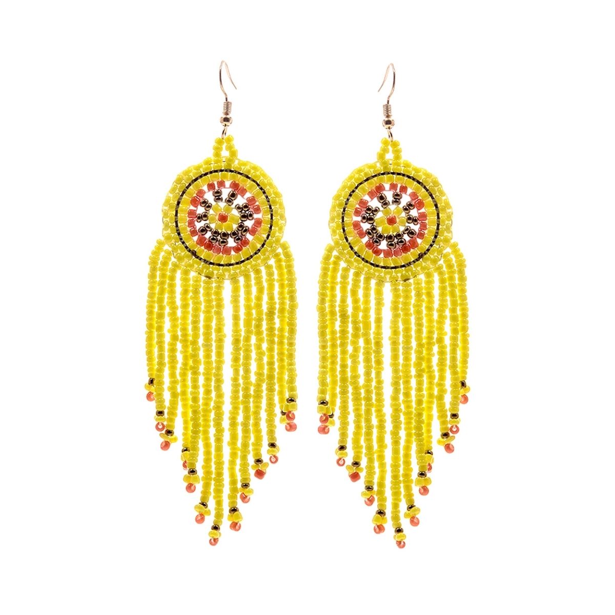 Yellow Seed Bead Fringe Round Earrings