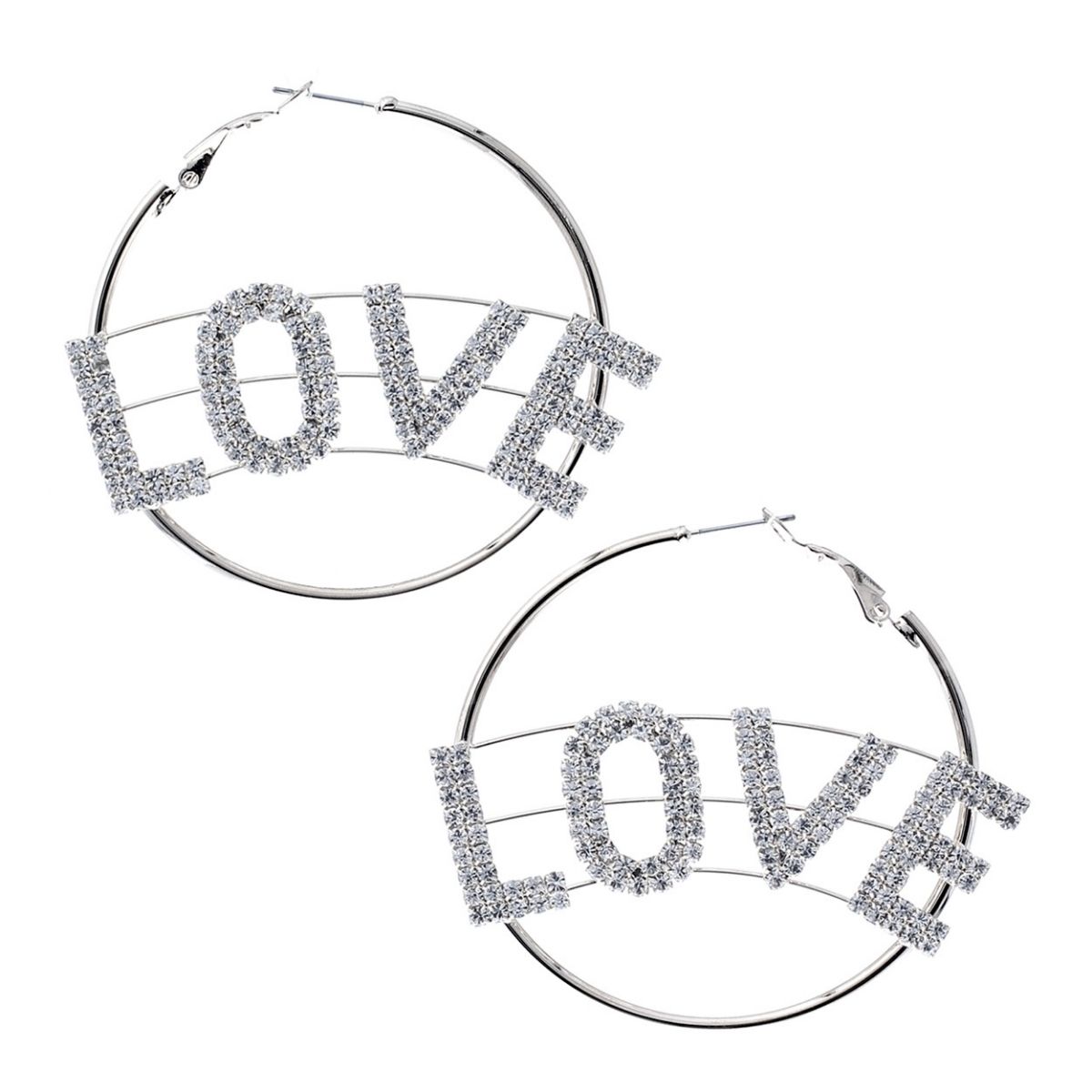 Rhinestone LOVE Silver Hoops