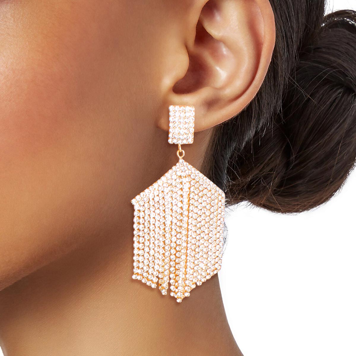 Gold Hexagon Rhinestone Fringe Earrings