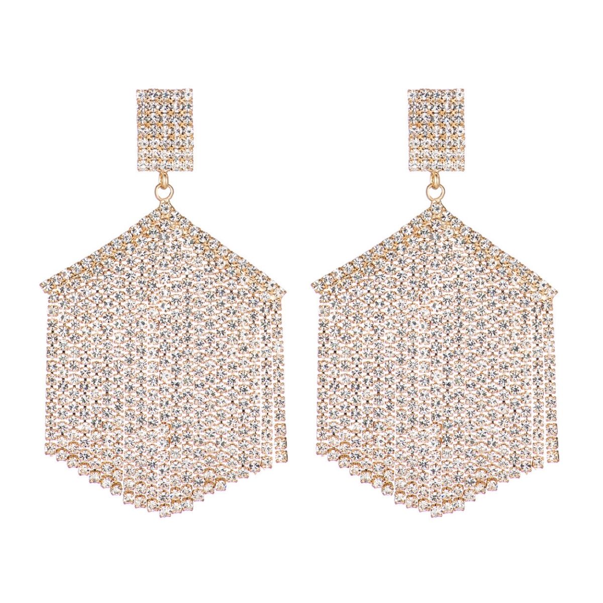 Gold Hexagon Rhinestone Fringe Earrings