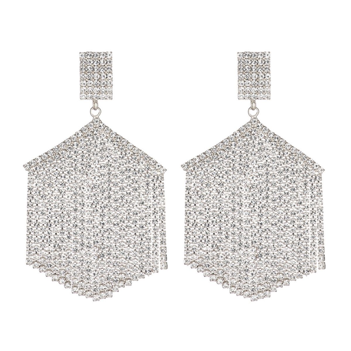 Silver Hexagon Rhinestone Fringe Earrings