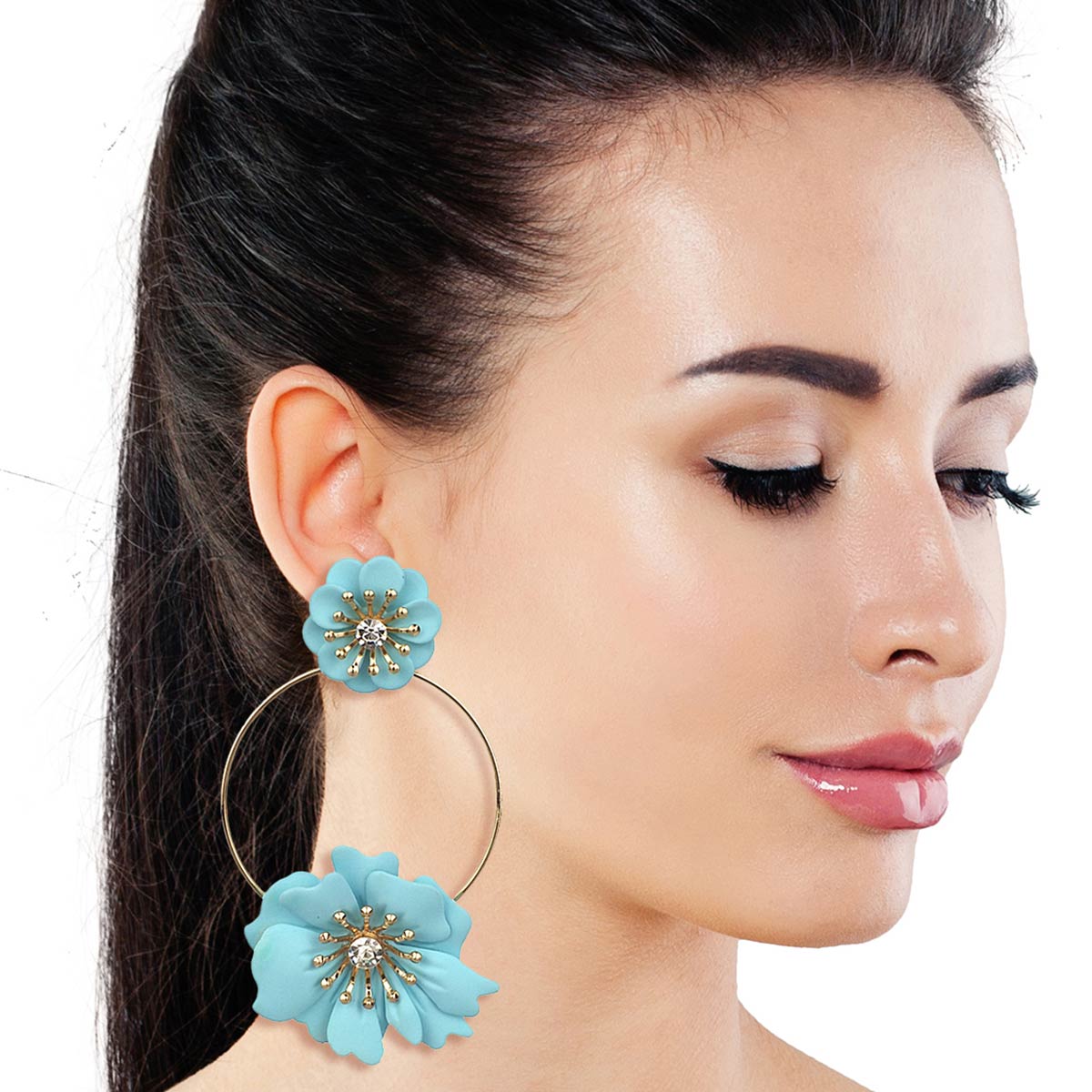 Aqua Coated Flower Drop Hoop Earrings