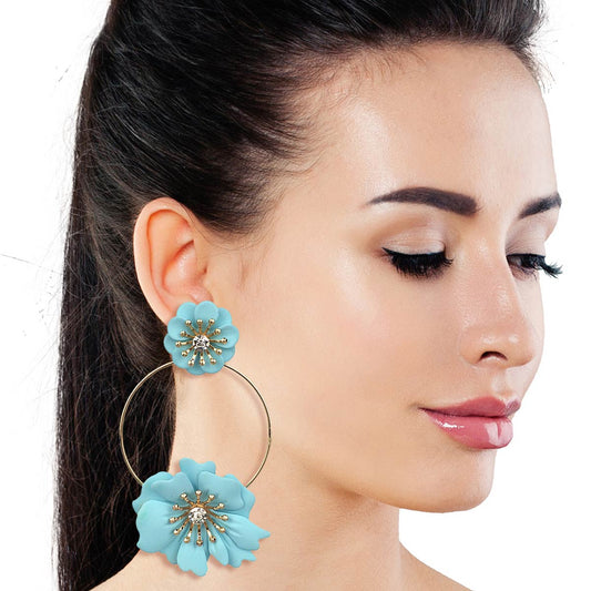 Aqua Coated Flower Drop Hoop Earrings