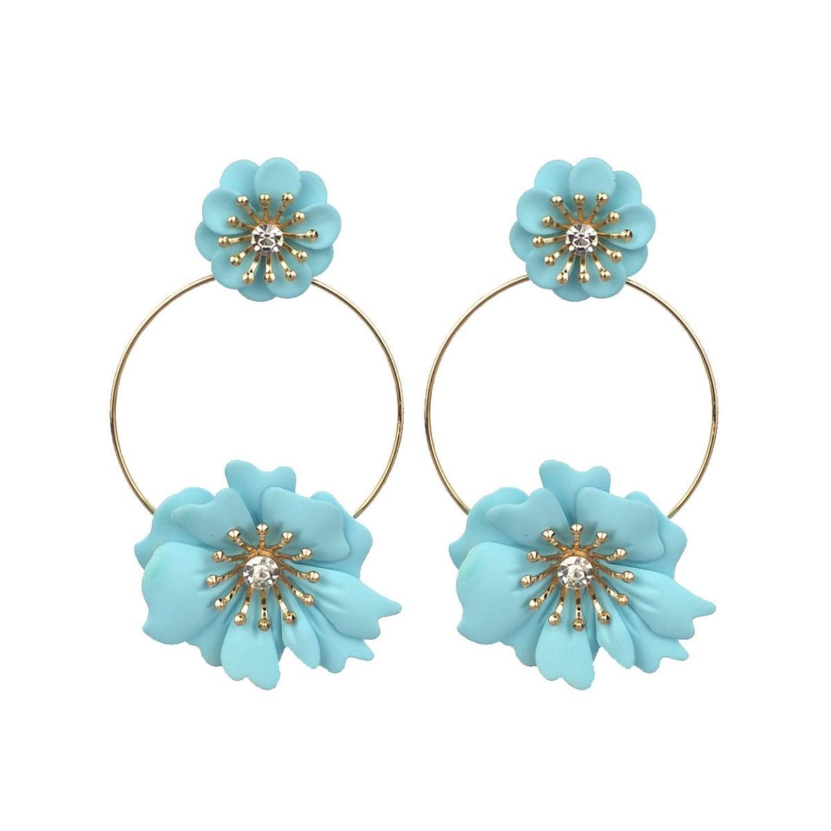 Aqua Coated Flower Drop Hoop Earrings