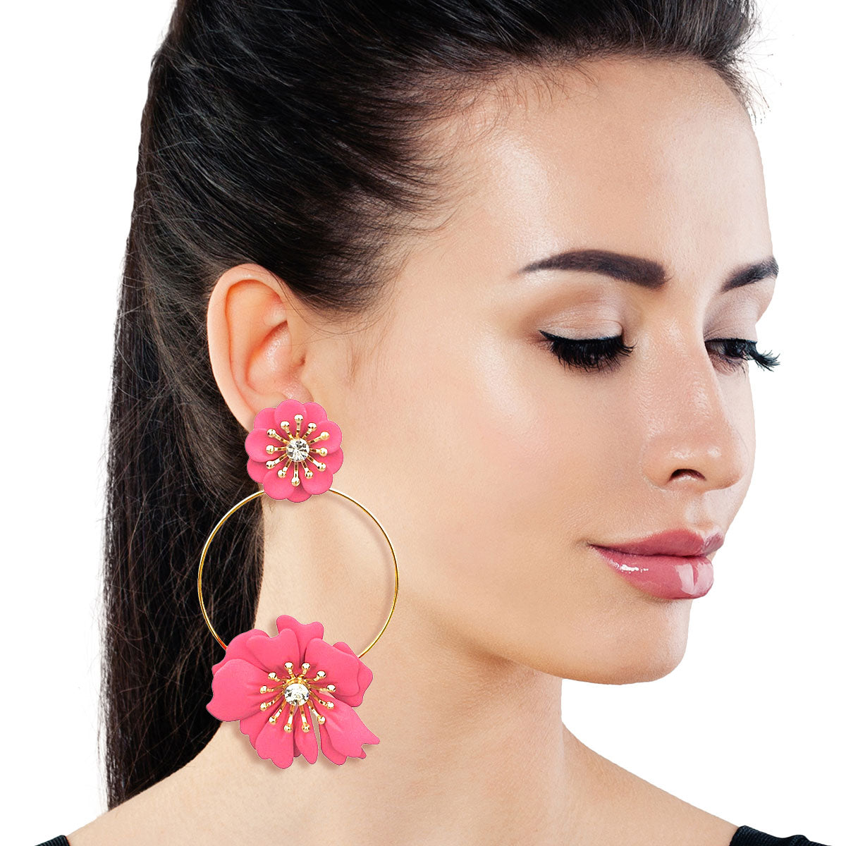 Dark Pink Coated Flower Drop Hoop Earrings