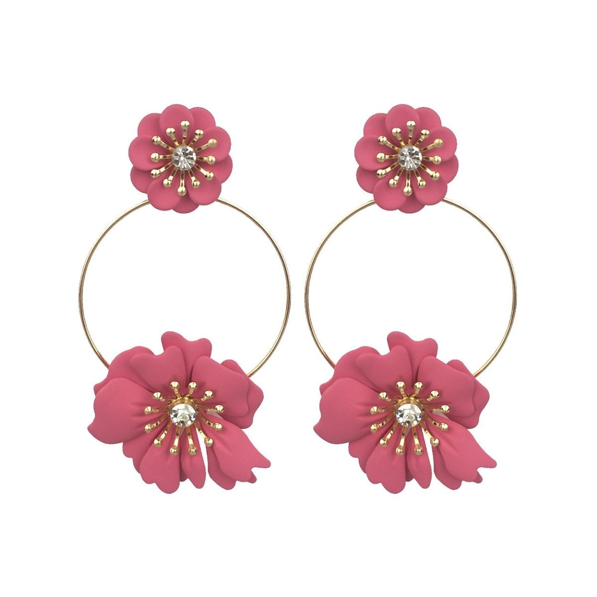 Dark Pink Coated Flower Drop Hoop Earrings