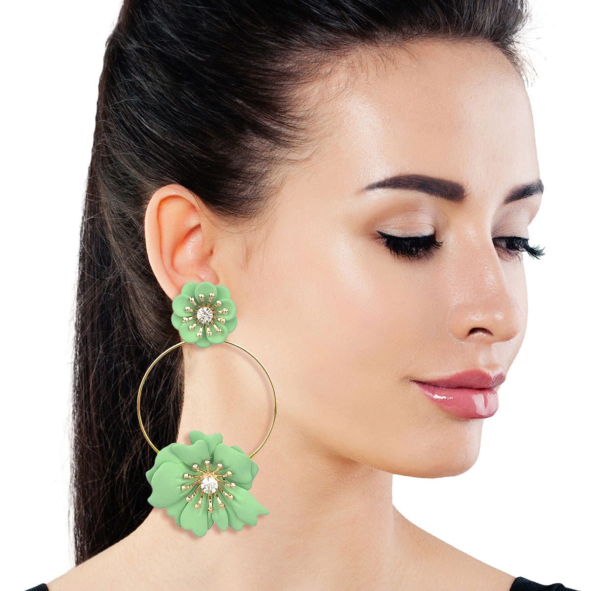 Green Coated Flower Drop Hoop Earrings