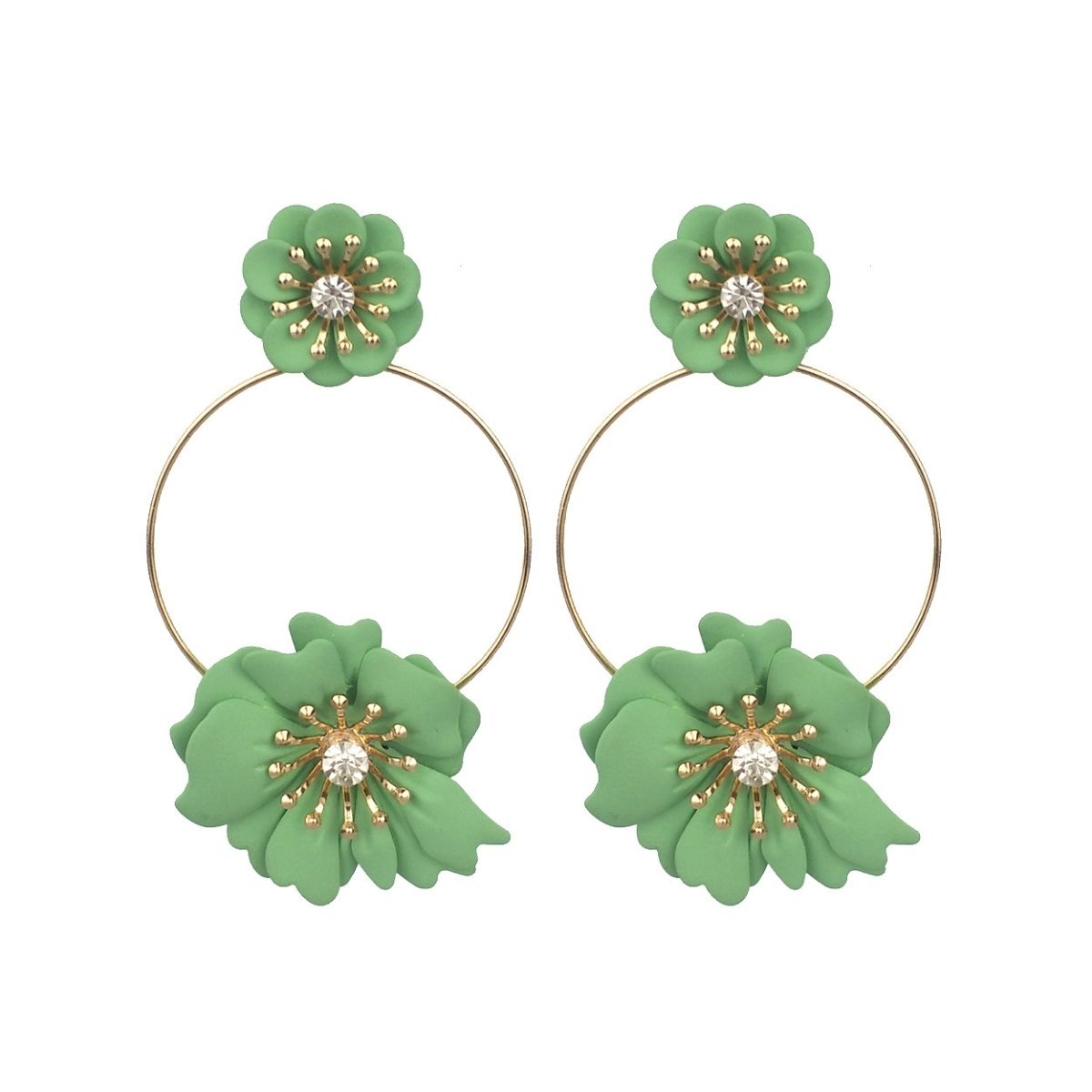 Green Coated Flower Drop Hoop Earrings