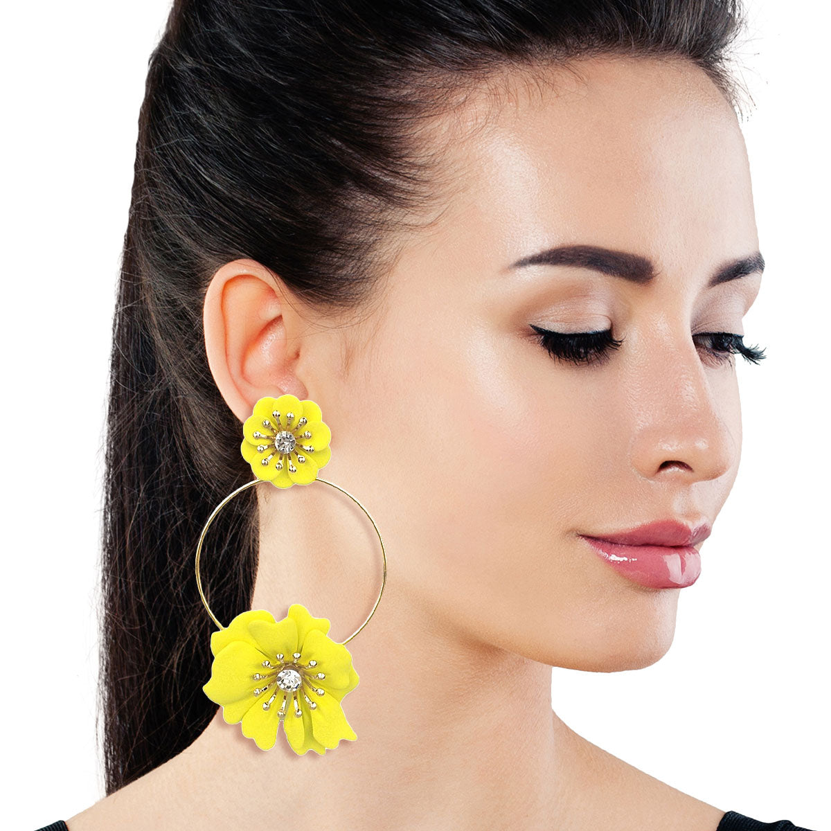 Yellow Coated Flower Drop Hoop Earrings