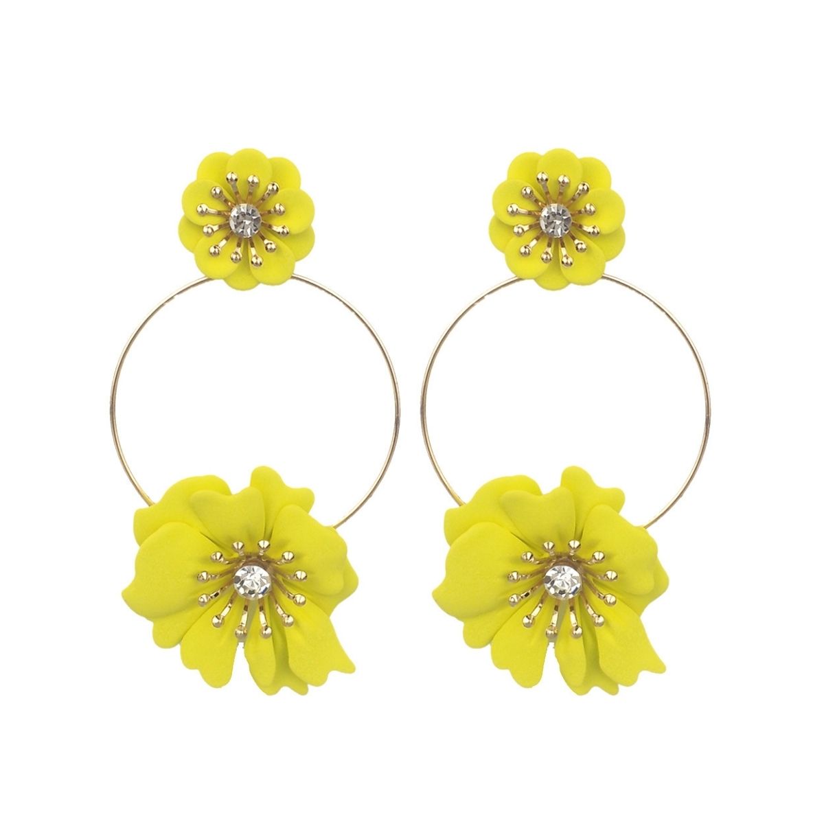 Yellow Coated Flower Drop Hoop Earrings