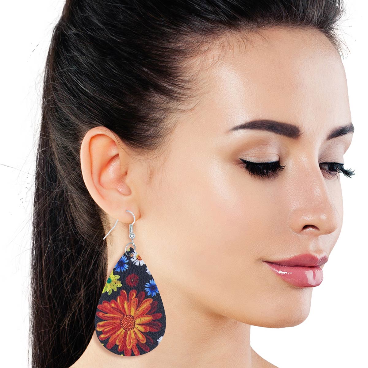 Multi Color Daisy Printed Teardrop Earrings