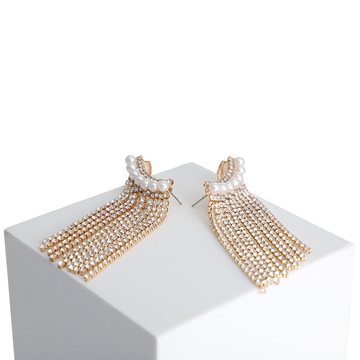 Gold Pearl Fringe Ear Climber Earrings