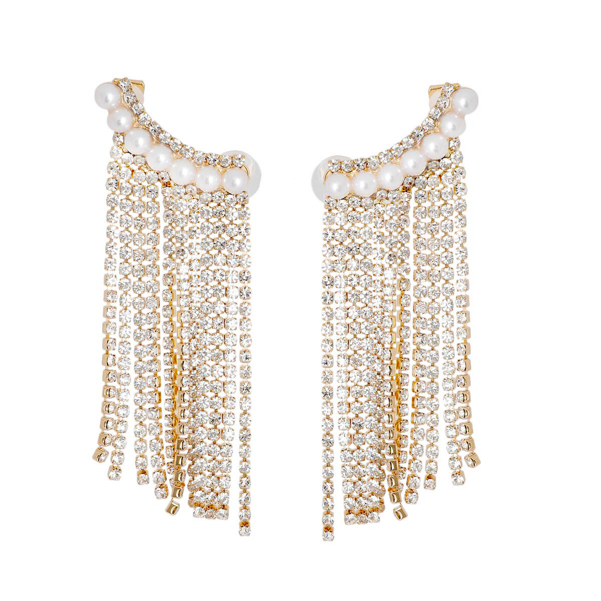 Gold Pearl Fringe Ear Climber Earrings