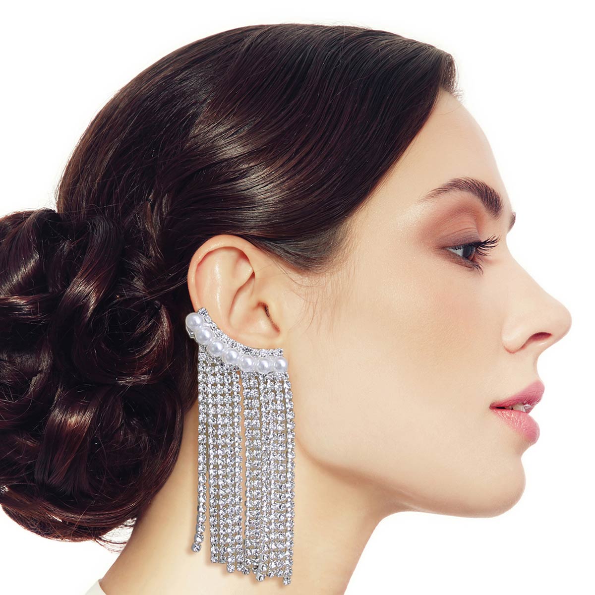 Silver Pearl Fringe Ear Climber Earrings