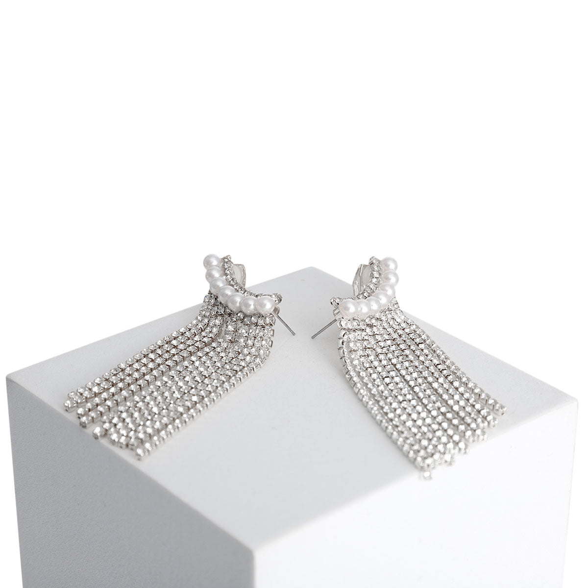 Silver Pearl Fringe Ear Climber Earrings